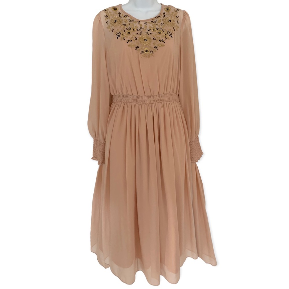 Nanette Lepore Blush Pink Long Sleeve Dress with gold embroidery Women's Size 8